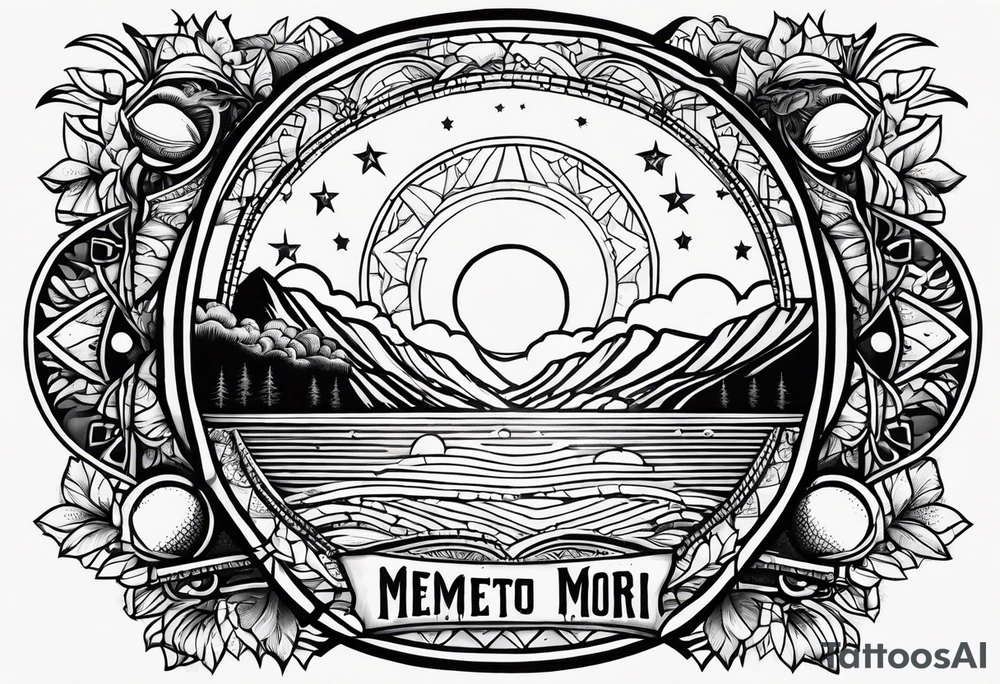 Simple tattoo drawing of a sunset with the inscription Memento mori tattoo idea