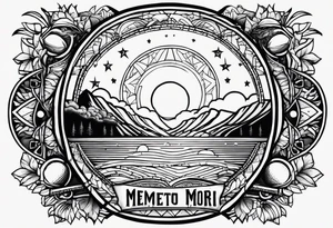 Simple tattoo drawing of a sunset with the inscription Memento mori tattoo idea