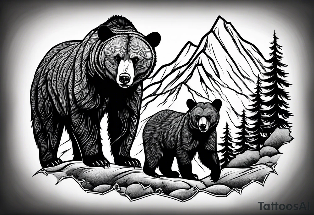 mamma bear and cub with mountains tattoo idea