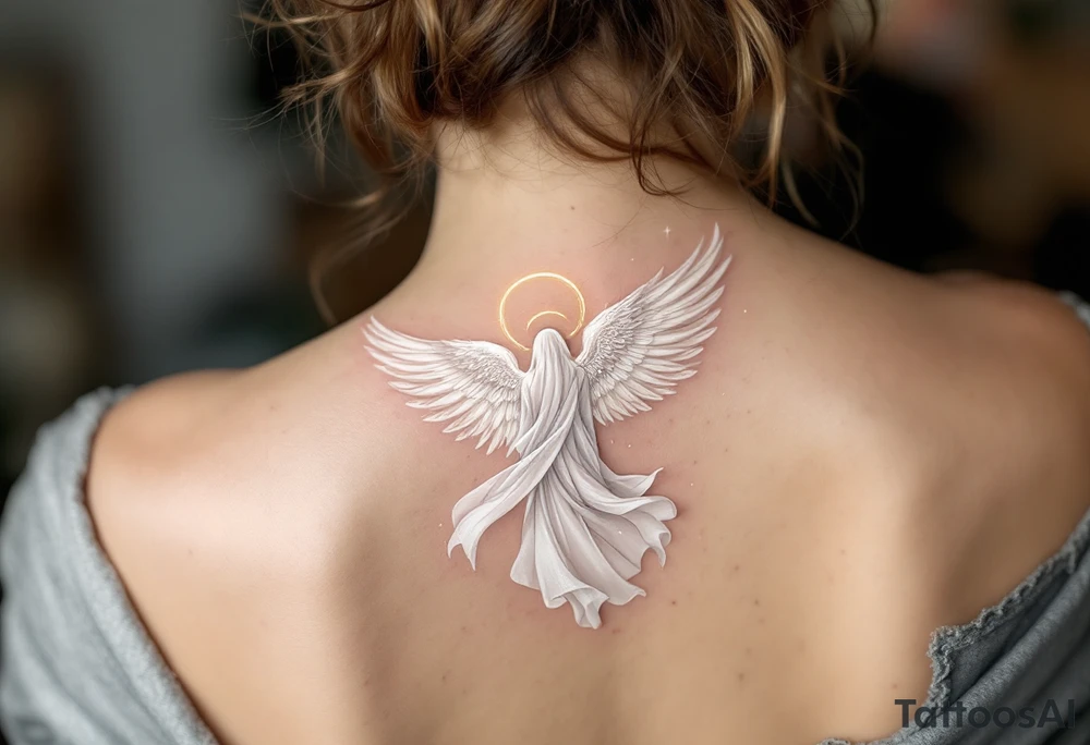 A majestic guardian angel with soft, flowing wings. The angel’s robe is made of delicate white and silver filigree patterns, flowing like silk in the wind. A radiant halo of soft golden light hovers above its head, casting a gentle glow. tattoo idea