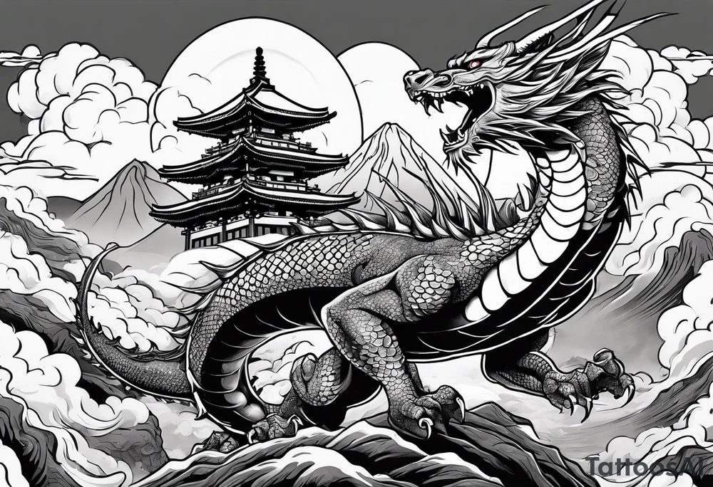 beautiful warrior nymph riding a dragon and the background will be mountains, clouds, and a Japanese building tattoo idea