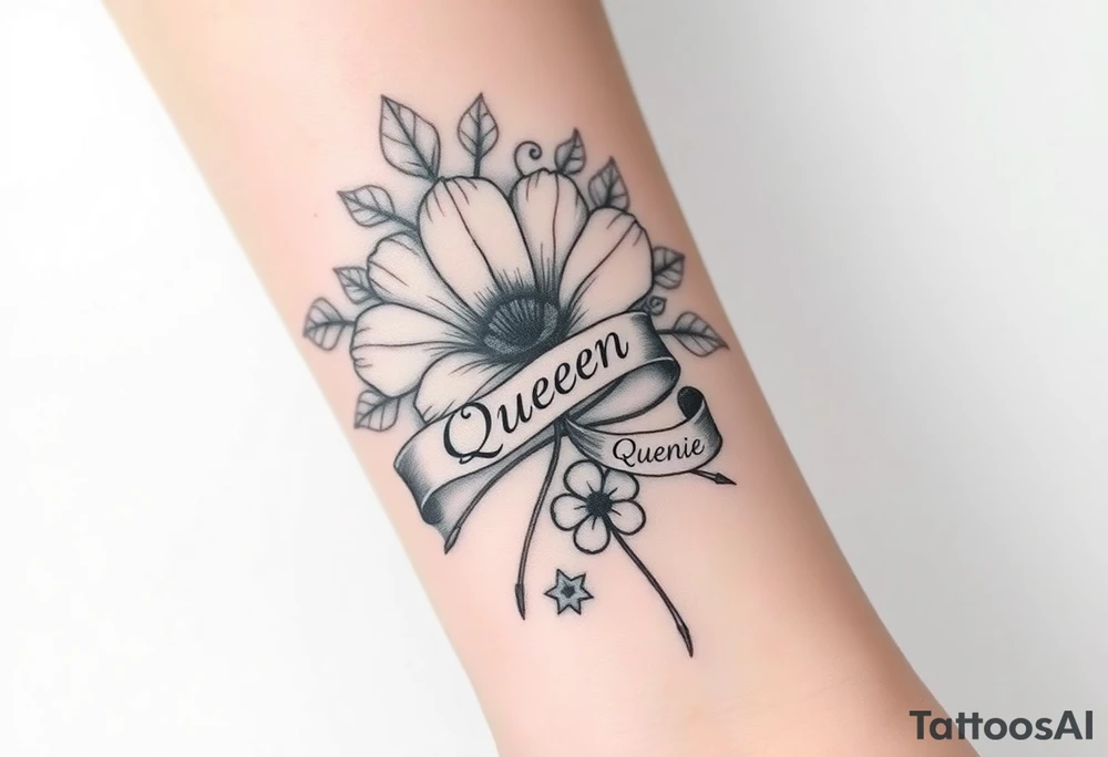 A beautiful flower with a card queen sign and a ribbon tied around the flower with queenie written on it joined by a  star and a four leaf clover tattoo idea