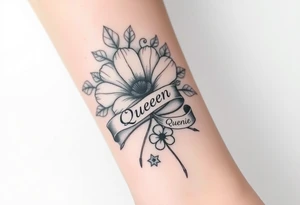 A beautiful flower with a card queen sign and a ribbon tied around the flower with queenie written on it joined by a  star and a four leaf clover tattoo idea