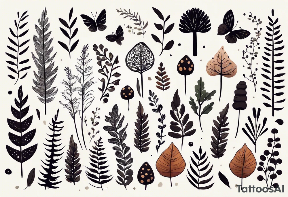 forest floor inspired minimalist tattoo, which includes grass, curly ferns, moss and dead leaves as the bulk of the tattoo. details to include: forest berries, a tiny bumblebee flying nearby, three small brown mushrooms
Generate a vertically long one tattoo idea