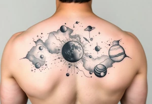 The milky way with negative spaces used to create planets and dark matter tattoo idea