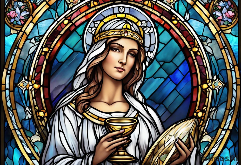 holy saint woman with halo stained glass holding a chalice tattoo idea