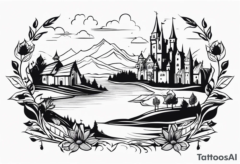 medieval tribal city floral  land  vignette tattoo idea