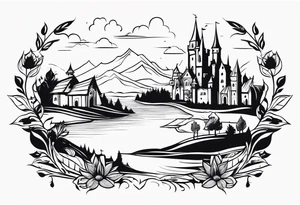 medieval tribal city floral  land  vignette tattoo idea