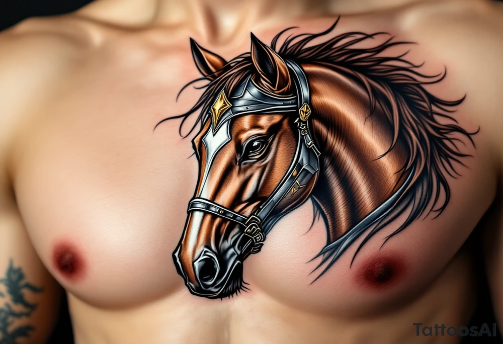 Warrior Horse with Armor – A strong bay horse head wearing light medieval armor, colored in rich browns with metallic silver and gold detailing. tattoo idea