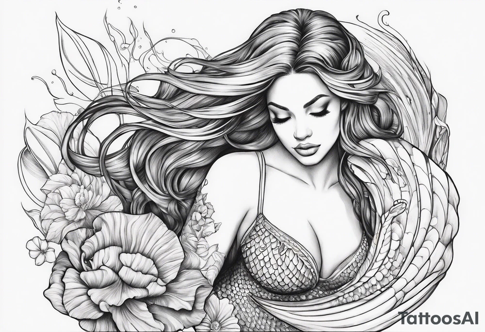 Draw a mermaid body with nice long fish tail with a shell bra tattoo idea
