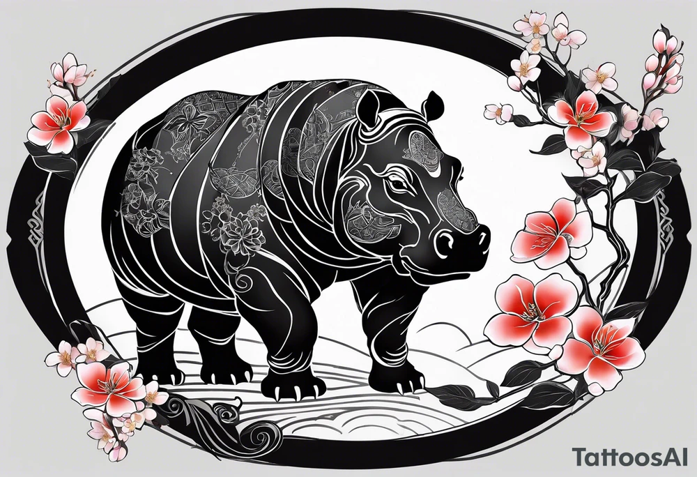 Asymmetrical, geometric, chinese ink art touch, hippo , full moon, wintersweet flower, light , modify from my favourite, s-shape tattoo idea