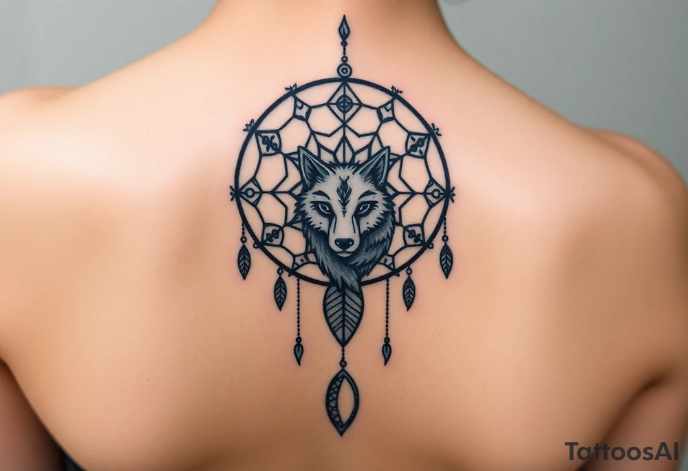 Dreamcatcher with zodiac symbols and protection runes caught in it with wolf teal tattoo idea