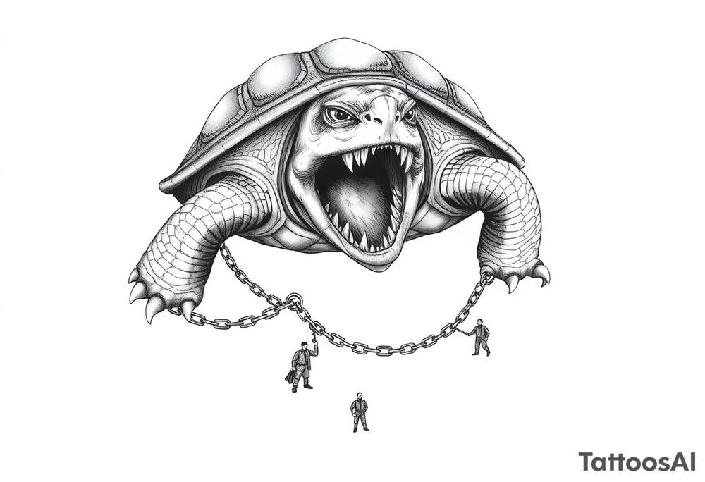 I giant angry turtle with big teeth  chains around its legs with tiny men holding on to the chains scared tattoo idea