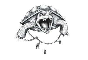 I giant angry turtle with big teeth  chains around its legs with tiny men holding on to the chains scared tattoo idea
