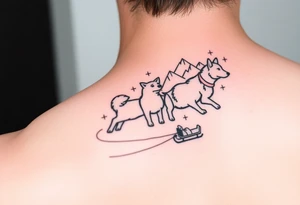 4 Sled dogs from a side view 
with sled and northern lights and mountains tattoo idea
