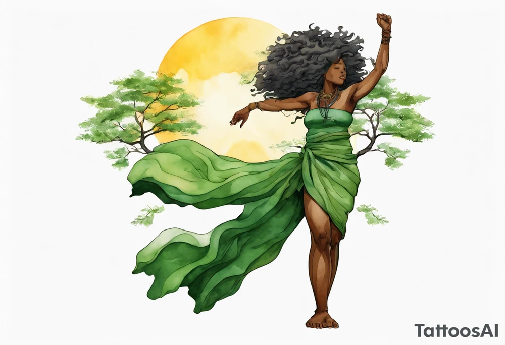 a tree trunk with roots that is a black woman from the waist up, arms reaching up to the sun, wearing a green tunic tattoo idea