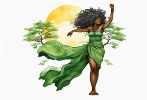 a tree trunk with roots that is a black woman from the waist up, arms reaching up to the sun, wearing a green tunic tattoo idea