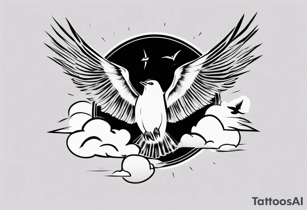 a shoulder tattoo with lots of rays of light in gradient, clouds and birds flying free tattoo idea