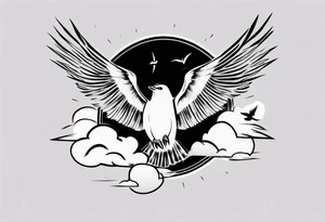 a shoulder tattoo with lots of rays of light in gradient, clouds and birds flying free tattoo idea