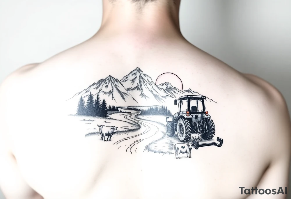 mountian, river, vantage tractor, cow, sunset tattoo idea