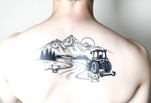 mountian, river, vantage tractor, cow, sunset tattoo idea