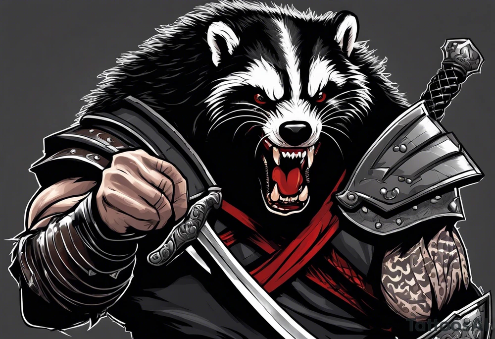 Draw me psychopath Honey Badger/Berserker/Assassin with aggressive full body, killer face with a scary smile, very long nails and he attacks like a Bloody Assassin/Warrior/Gladiator to us and also, he has very deadly looking. He fights with his nails only. Everybody scares after their first sight. Give me horror type Badger Tattoo. I want to see his Realistic full body with no weapons. You can show destruction at the back. tattoo idea