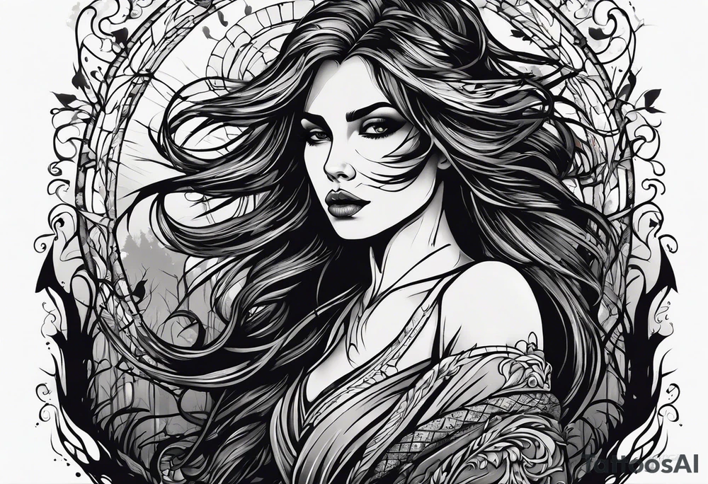 Courageous Woman with a tear running down her face walking out of a graveyard  leaving her old terrifying, scary, violent past behind her ethereal and mysterious tattoo idea
