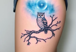 wise owl perched on ancient oak branch under starlit sky tattoo idea