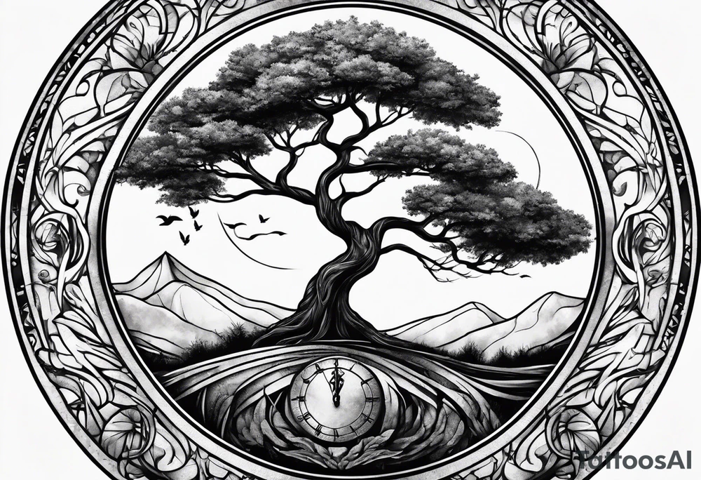 tattoo drawing of a circle of life tree coming out of an hour glass tattoo idea