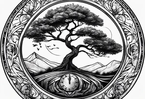 tattoo drawing of a circle of life tree coming out of an hour glass tattoo idea