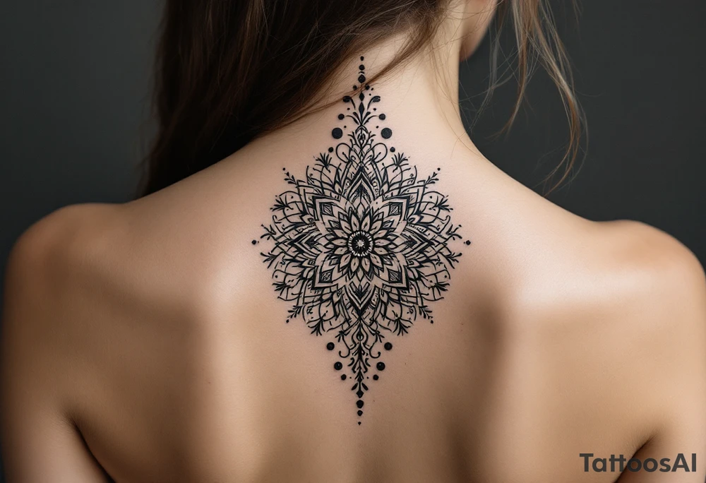 spine tattoo design with symmetrical ornamental patterns, combining dotwork, mandala elements, and flowing lines that follow the natural curves of the body. The design is intricate and balanced.” tattoo idea