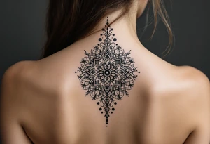 spine tattoo design with symmetrical ornamental patterns, combining dotwork, mandala elements, and flowing lines that follow the natural curves of the body. The design is intricate and balanced.” tattoo idea