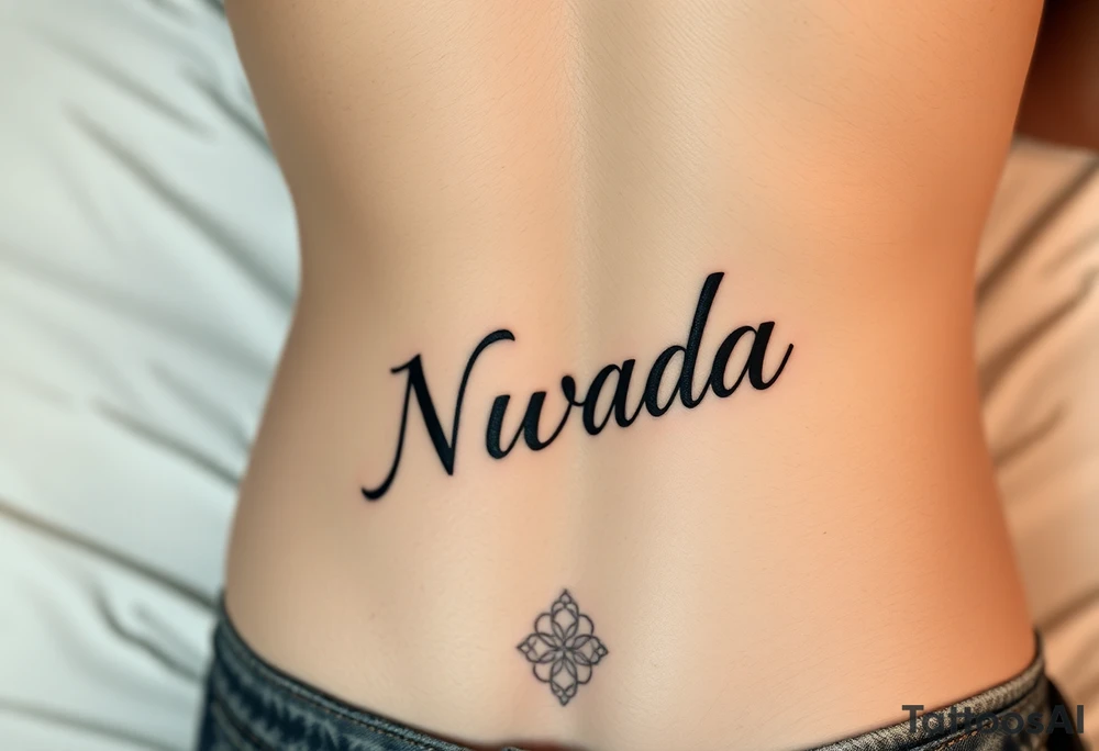 a woman's waist with the word "Nwada" written on her waist make her sit on the bed make it Kore sexy tattoo idea