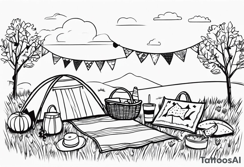 picnic scene on a meadow, with a sheckers blanket, basket, pillows and party pennants. No food and no people. Thin lines. tattoo idea