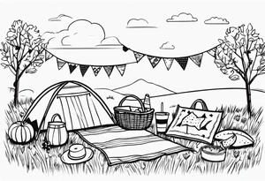 picnic scene on a meadow, with a sheckers blanket, basket, pillows and party pennants. No food and no people. Thin lines. tattoo idea