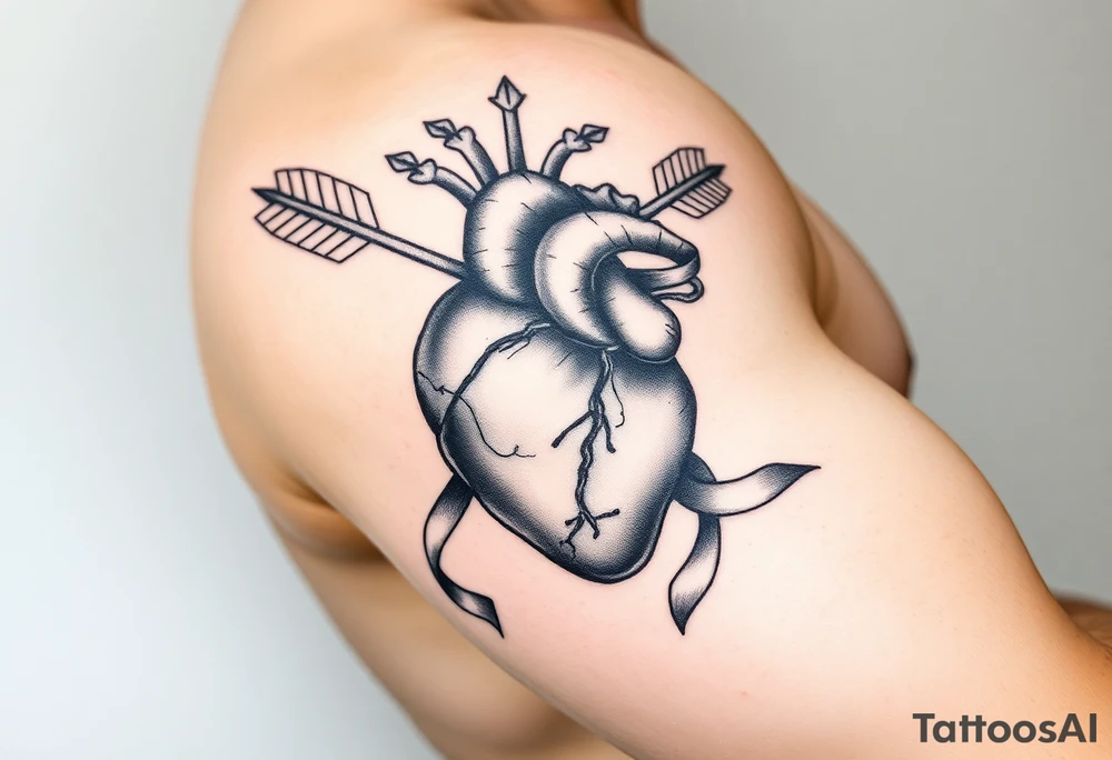 anatomical heart pierced by ornate arrow with flowing ribbons tattoo idea