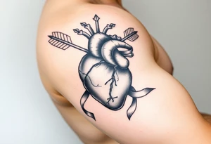 anatomical heart pierced by ornate arrow with flowing ribbons tattoo idea