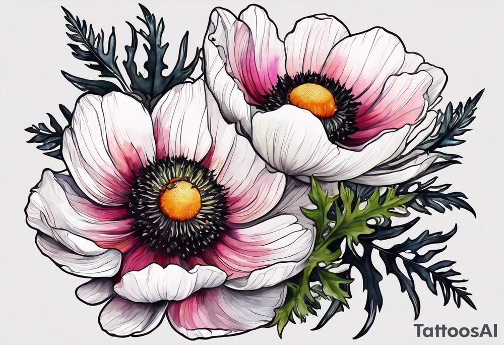 a white anemone with black center with thistles, ferns, sun flowers, red flowers, pink flowers, orange flowers, yellow flowers in watercolor tattoo idea