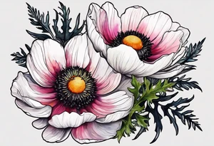 a white anemone with black center with thistles, ferns, sun flowers, red flowers, pink flowers, orange flowers, yellow flowers in watercolor tattoo idea