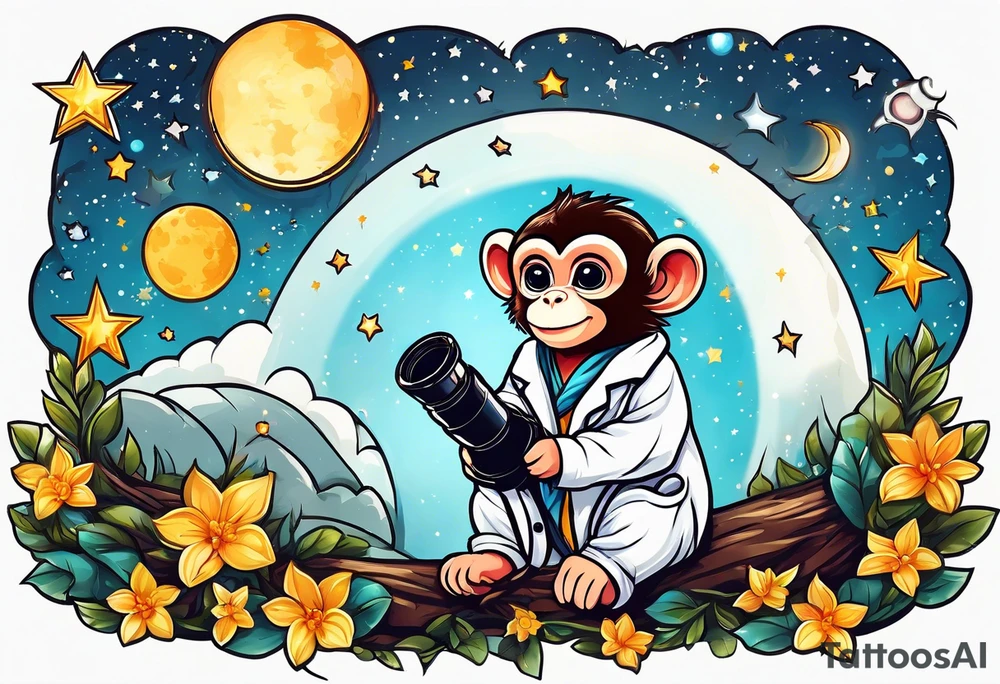Small baby monkey in a lab coat looking up at the stars through a telescope tattoo idea