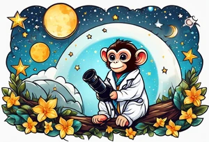 Small baby monkey in a lab coat looking up at the stars through a telescope tattoo idea