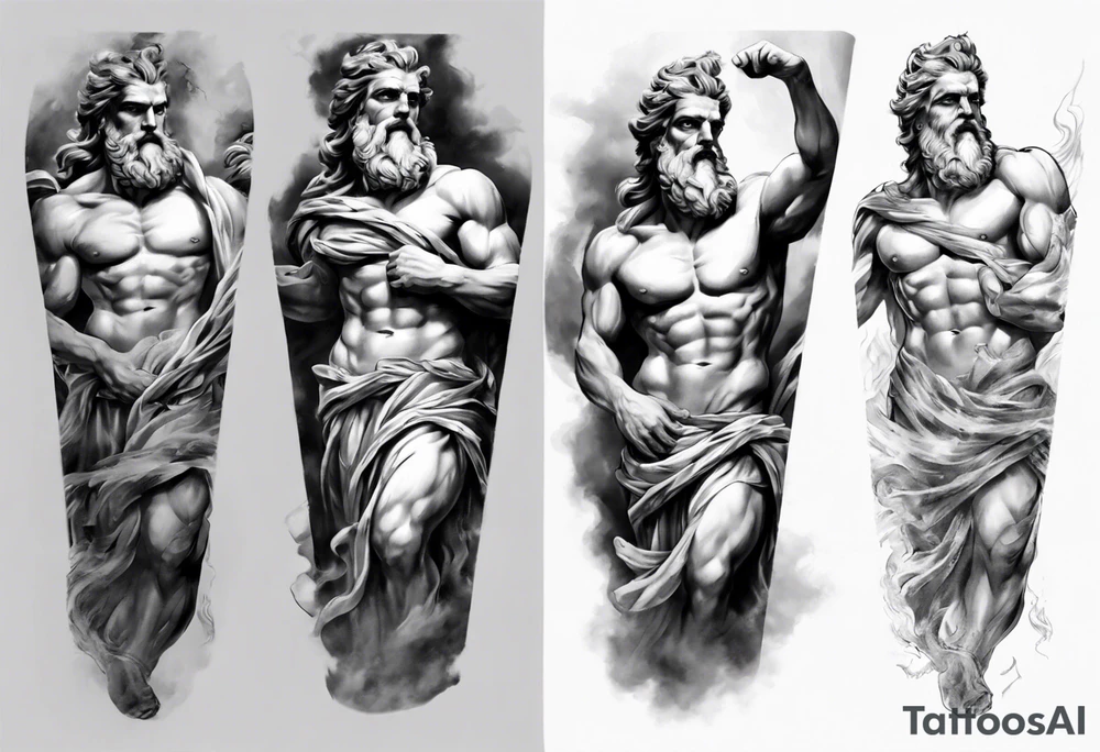 GREEK GOD ZEUS STATUES 
ARM SLEEVE 
REALISTIC tattoo idea