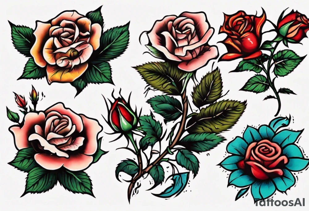 Traditional rose with three traditional flowers around it tattoo idea