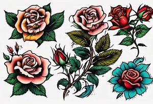 Traditional rose with three traditional flowers around it tattoo idea
