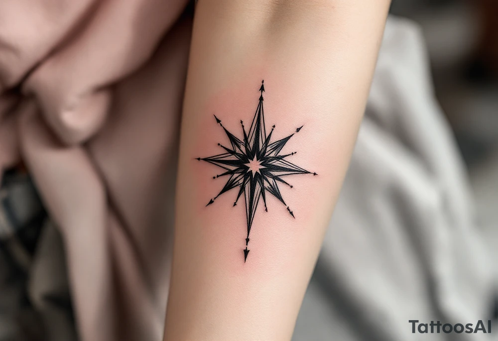 A bold black eight-pointed star tattoo symbolizes balance and cosmic order. tattoo idea