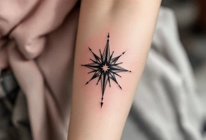 A bold black eight-pointed star tattoo symbolizes balance and cosmic order. tattoo idea