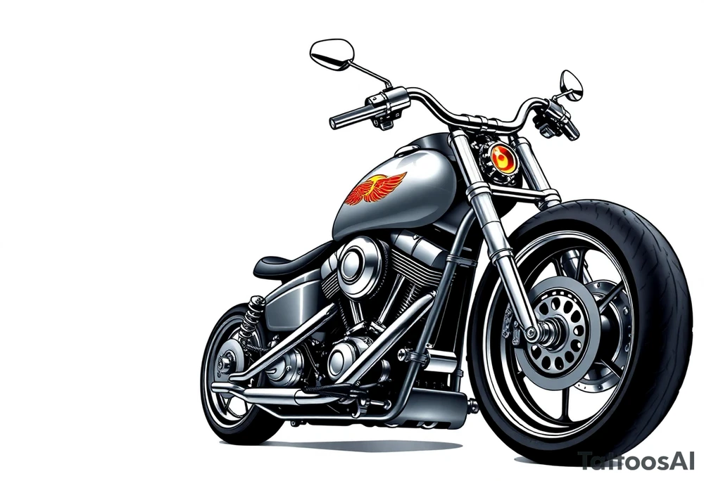 Low rider grey motorcycle, big muffler pipes with flames, angel wings, driving away, no person tattoo idea