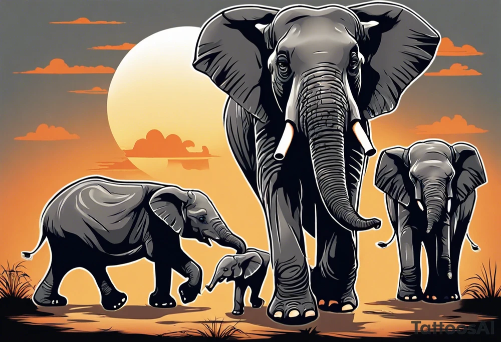 family of 6 elephants walking into sunset after one of them has died tattoo idea
