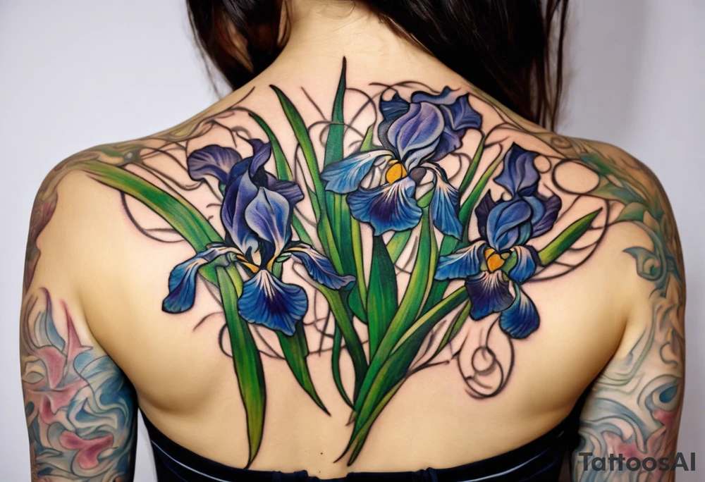 Create a condensed, thick, colorful Vincent van Gogh's Irises tattoo, with vines in Celtic knots gracefully holding mountains. The intended placement is on the upper chest. The overall design should be small in size while maintaining a delicate and artistic aesthetic. Pay attention to the graceful flow of the vines and the placement of the irises to achieve a refined and elegant look. tattoo idea