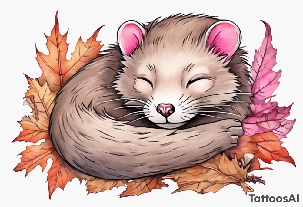 a mink with pink fur and pink ears sleeping in the autumn forest with a pile of bones tattoo idea